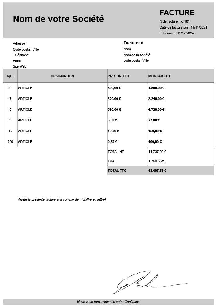 Facture Excel 2025